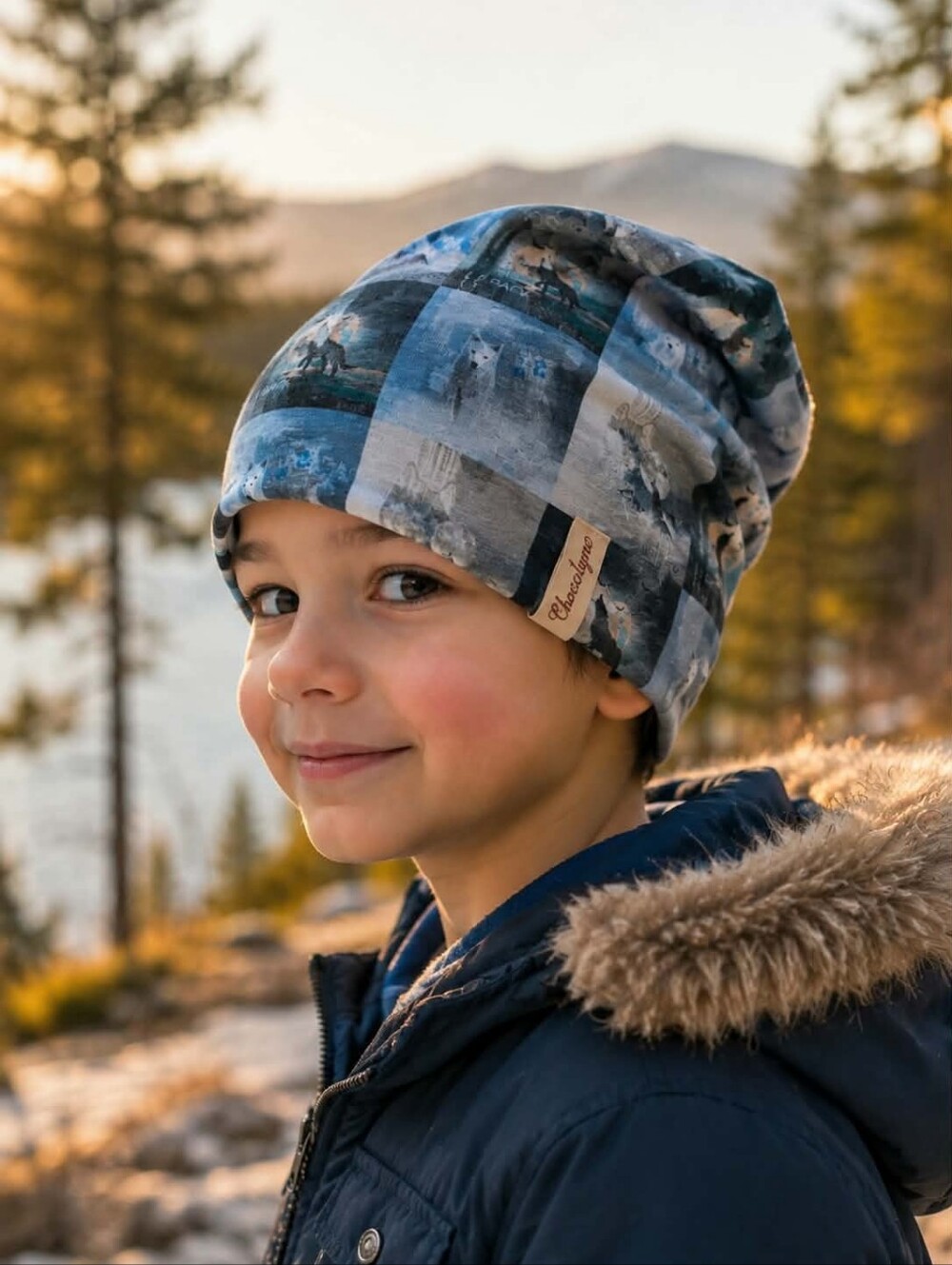 Kids Blue Arctic Print Beanie Hat. Réversible